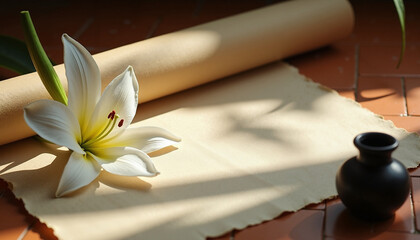 White lily flower with rolled parchment paper for calligraphy. White lily flower lying on beige background alongside quill, providing space for elegant script and thoughtful notes.