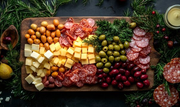 Appetizer platter featuring sliced meats, assorted cheeses, and various olives, garnished with fresh rosemary for a holiday party - Powered by Adobe