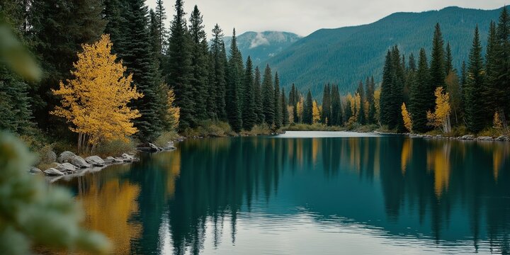 Tranquil lake reflecting pine trees and autumn foliage, set against distant mountains under a cloudy sky.