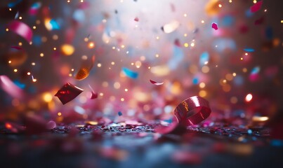 Colorful confetti and glitter falling onto a surface, creating a festive atmosphere with glowing golden bokeh lights in background