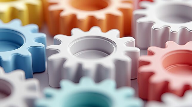 Close-up of a collection of colorful gears arranged together, suggesting teamwork, innovation, and interconnectedness.