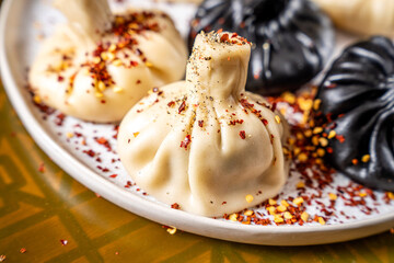 Closeup of Georgian khinkali with spices