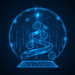 The digital Christmas sphere. Christmas tree with toys in the form of a spiral in a glass sphere. Low-poly design of interconnected lines and dots, blue background.