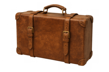 Vintage brown leather suitcase on a transparent background, symbolizing travel, journey, adventure, and classic style