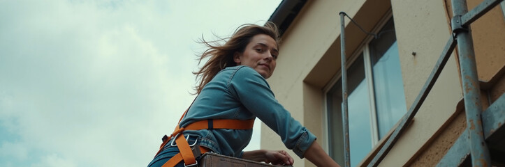 Woman on a ladder doing repairs on exterior wall, safety harness is required. Woman performing ladder repairs on building facade, showing scaffolding and exterior wall construction,