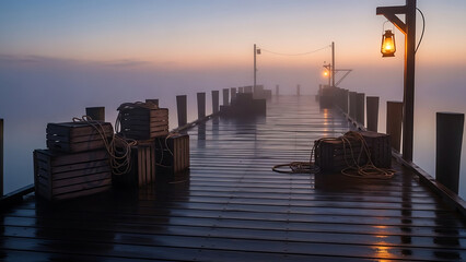 Misty Pier at Dawn A Tranquil Coastal Scene with Wooden Crates and Glowing Lanterns