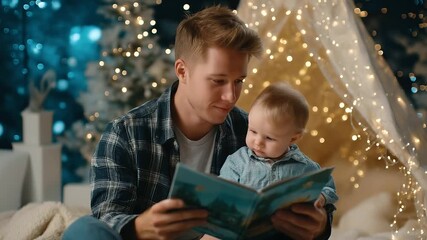 Faceless young adult man reading picture book to baby in play tent with Christmas lights, winter paternity leave, holiday father holding toy, seasonal close sitting , with copy spa