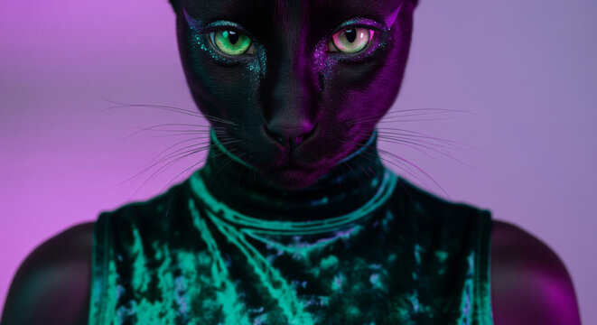 Anthropomorphic black cat with neon glitter makeup and green velvet top. mysterious cyberpunk fashion portrait on purple background - Powered by Adobe