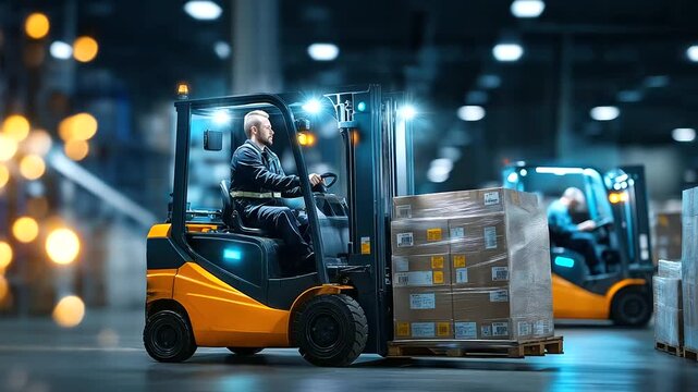 Forklift operation scene, cold storage environment visible, box organization activity, food logistics management, supply chain workflow, warehouse machinery operation, faceless dri