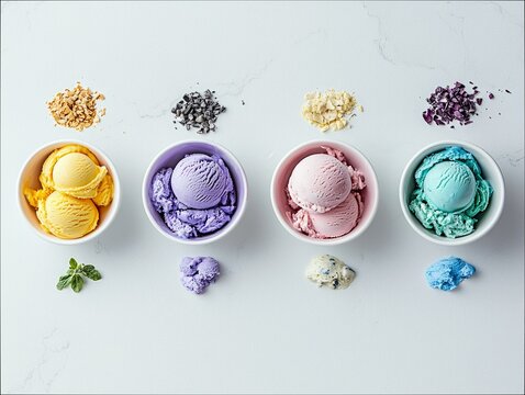 Overhead shot of four bowls of colorful ice cream with toppings on a white surface. The ice cream flavors include yellow, purple, pink, and blue, each with diff