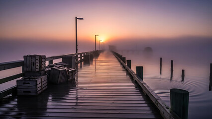 Misty Sunrise on Pier A Tranquil Morning Landscape of Reflections and Serenity