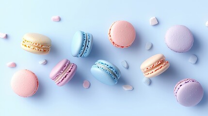 Fototapeta premium Overhead view of colorful macarons and small candies scattered on a light blue background. The macarons are in various pastel colors.