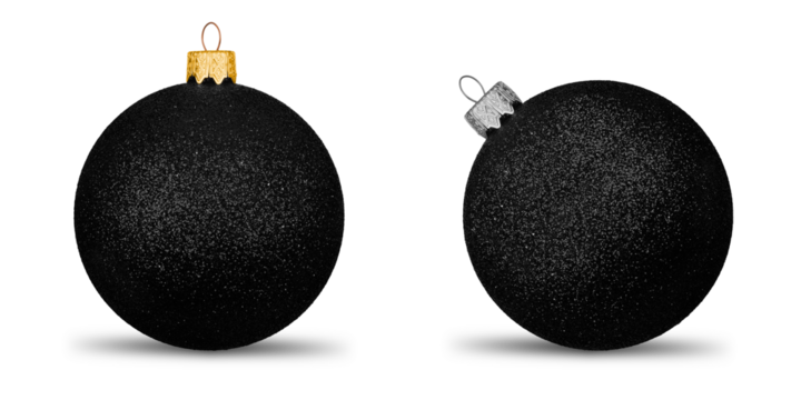 Black glitter Christmas baubles isolated on transparent background. Minimal festive decoration with gold and silver caps for holiday design, winter celebration, and New Year graphics. PNG