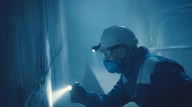 Medium shot of technician visually inspecting aluminum diecast for surface defects under bright lighting in an industrial setting.