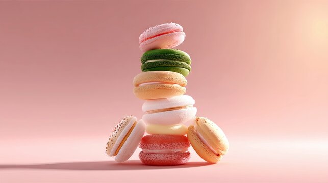 A stack of colorful macarons against a soft pink background, illuminated by warm, soft lighting. - Powered by Adobe