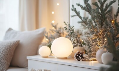 Warm glowing lights bringing a cozy hygge atmosphere to a home interior, featuring festive winter christmas decorations