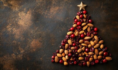 Festive christmas tree shape crafted from almonds, cranberries, and walnuts, symbolizing holiday cheer on a rustic background