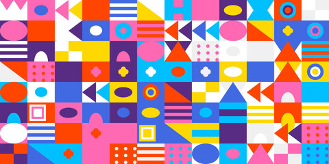 Vibrant and colorful geometric mosaic pattern with an array of abstract shapes and modern design elements