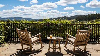 Relaxing Retreat Rocking Chairs on Patio with Scenic Mountain Views and Lush Vineyards