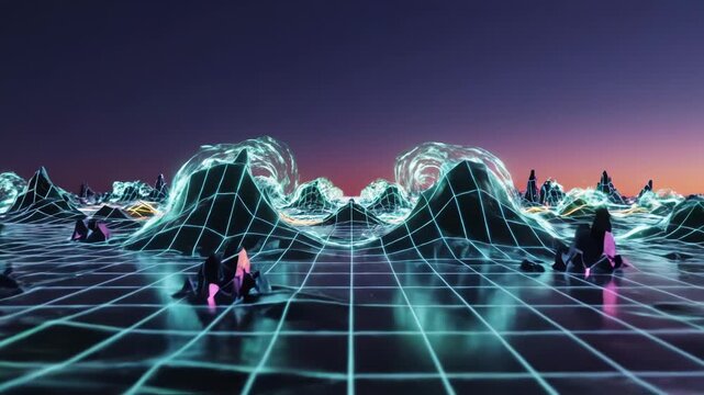 Vibrant digital landscape comes to life at sunset with glowing waves and crystalline structures in mesmerizing colors Generative AI
