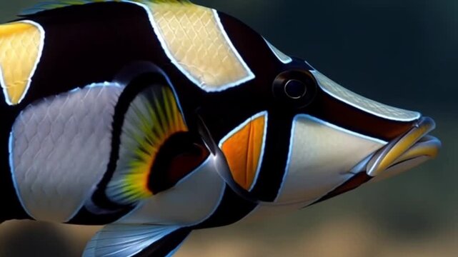 close-up of a clown triggerfish swimming by, bold geometric patterns glistening