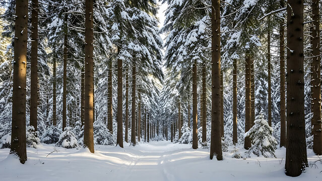A snowy forest path leads through tall pine trees dusted with fresh snow on a sunny day