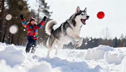 Low angle action shot of Siberian Husky dog running through deep snow chasing red ball energetic