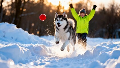 Low angle action shot of Siberian Husky dog running through deep snow chasing red ball energetic