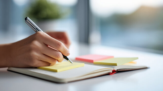 A person is writing in a notebook with sticky notes on the table beside it