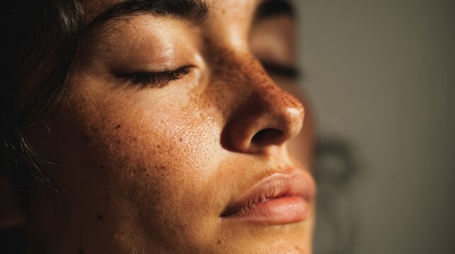 Tranquility and self-care concept featuring peaceful woman with closed eyes