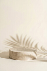 Beige travertine stone podium mockup background with palm leaf shadow and copy space