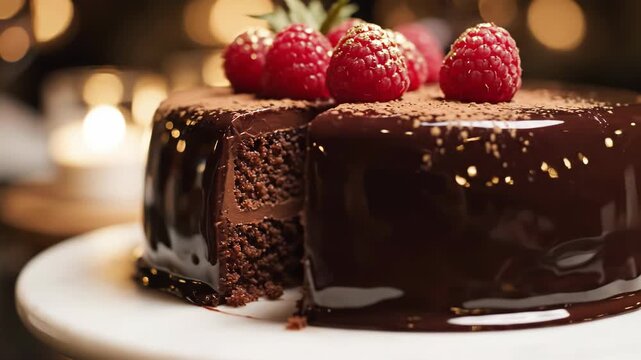 Indulgent chocolate cake with raspberries garnished for a delightful dessert experience Generative AI