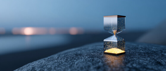 A close-up of an hourglass with golden sand on a dark surface, against a blurred background that suggests water and lights at dusk or dawn