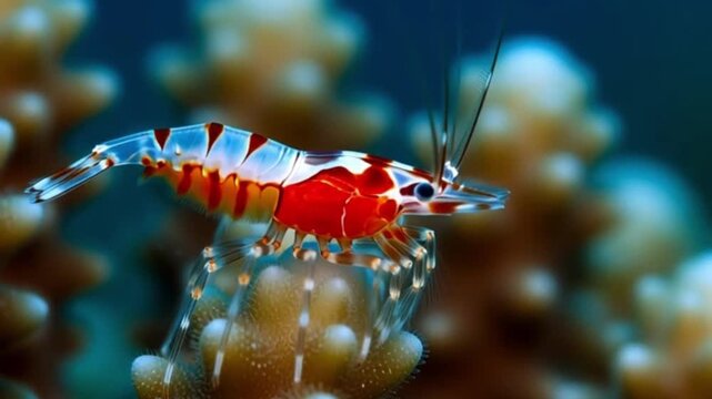 close-up of a tiny cleaner shrimp picking at coral with delicate movements,