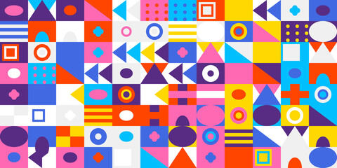 Vibrant geometric abstract background with a dynamic mosaic pattern of colorful squares, circles, triangles, and various shapes, creating a playful, modern design.