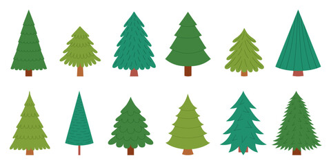 Set of twelve stylized evergreen trees in different shapes and green tones. Simple nature illustration for scrapbooking, Christmas, winter, forest, seasonal, kids designs. Flat vector. Hand drawn.