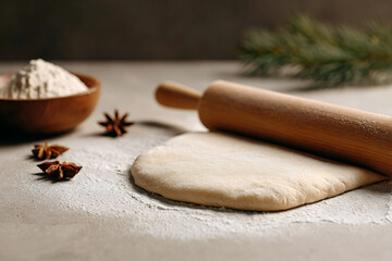 holiday baking, baking winter cookies at home, rolling dough with festive decorations on table