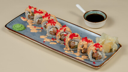 Sushi rolls on tray top view