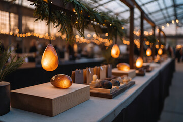 holiday crafts market, handmade ornaments and glowing garlands sold at winter holiday fairs artisan crafts booth, with shimmering bokeh lights