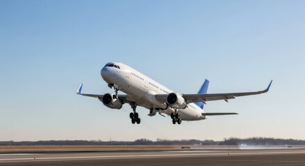 Obraz premium Commercial airplane in ascent with extended landing gear, clear blue sky backdrop, aviation moment with copy space