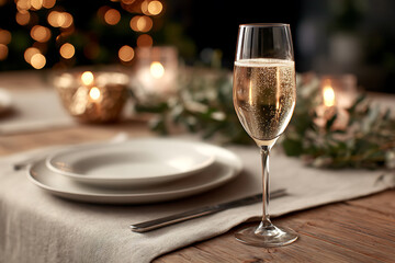 festive table decor, festively set table with golden decor, sparkling lights, and champagne for new years celebration