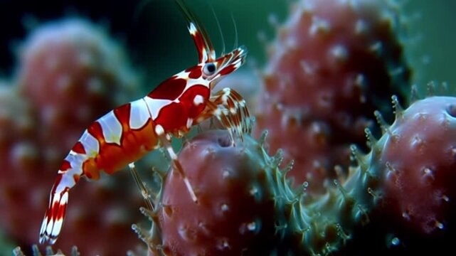 close-up of a tiny cleaner shrimp picking at coral with delicate movements,