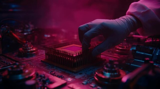 Medium shot of a technician applying ultrathin nanocoatings on intricate electronic components enhancing durability and conductivity in advanced circuitry.