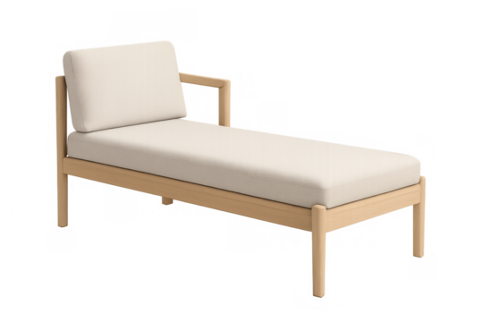 Modern wood chaise lounge with light cream cushions, providing comfort and style for garden, patio, or home interiors. Transparent background