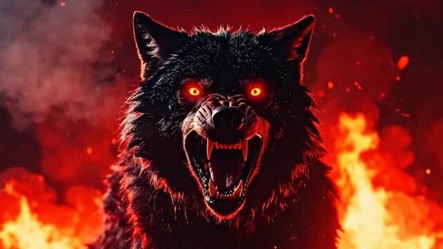 Fierce Black Wolf with Glowing Red Eyes in Fiery Flames, Symbolizing Power and Danger