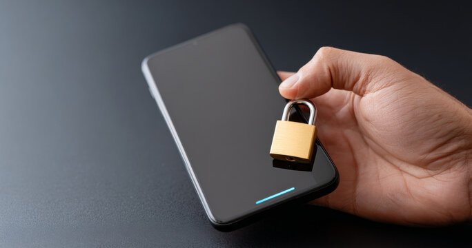 A hand holding a smartphone with an attached padlock on it, symbolizing security and privacy of data stored in the phone - Powered by Adobe