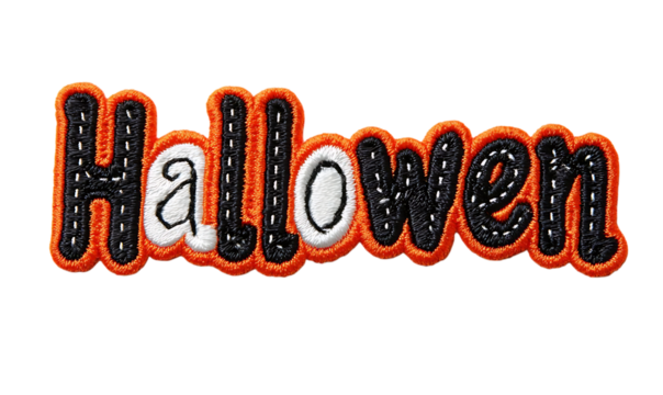 A colorful Halloween-themed patch with the word "Halloween" in a playful font, perfect for decorations.