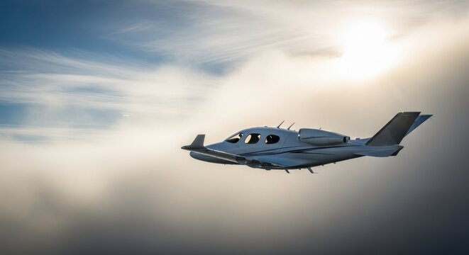 Light jet with tranquil mood soaring above misty clouds at sunrise, streamlined V-tail design with copy space