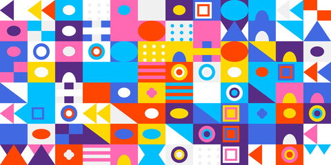 Vibrant and dynamic abstract geometric pattern featuring an eclectic mix of colorful shapes, lines, and textures, creating a modern mosaic design.