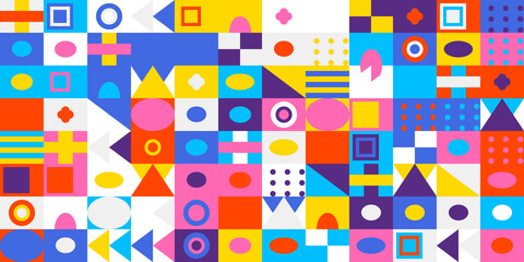 Vibrant and dynamic abstract geometric pattern featuring an eclectic mix of colorful shapes, lines, and textures, creating a modern mosaic design.